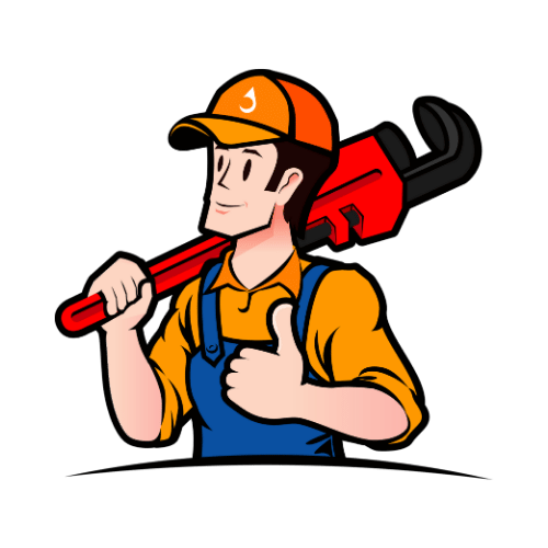 A plumber is holding a wrench on his shoulder and giving a thumbs up.