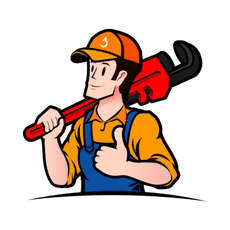 A plumber is holding a wrench on his shoulder and giving a thumbs up.