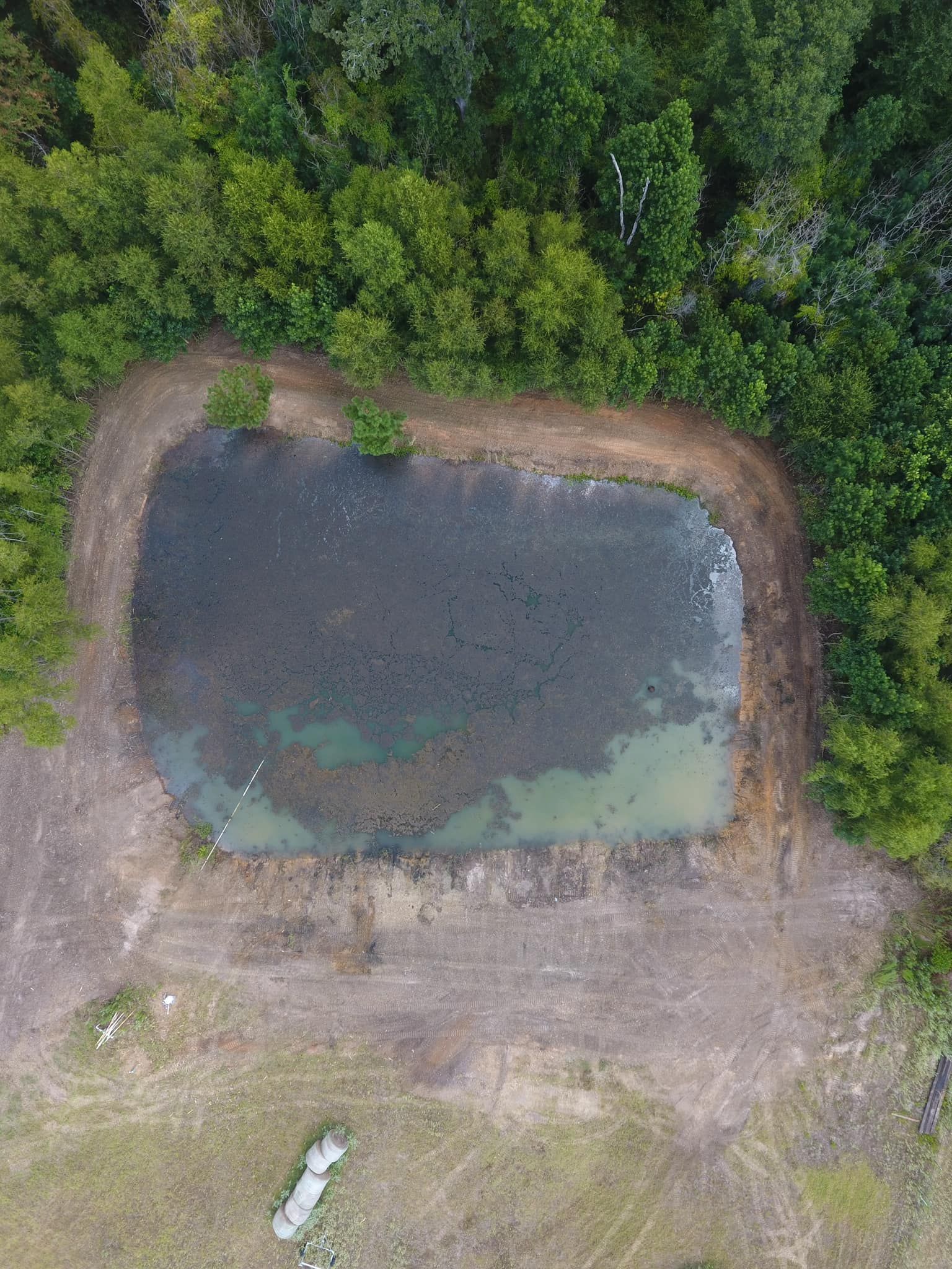 Aerial view of a pond surrounded by trees and dirt, with a grassy area in the foreground.