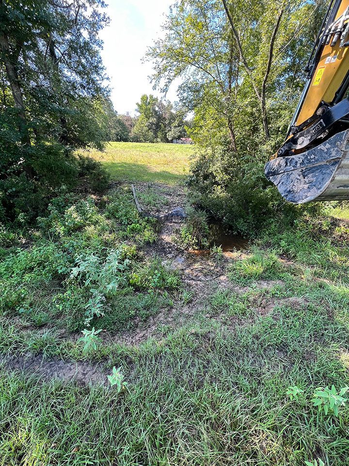 An excavator bucket next to a grassy clearing; trees frame the scene.