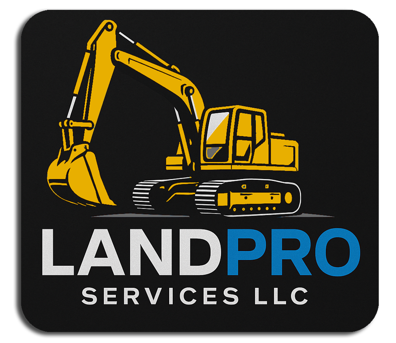 Yellow excavator on black background with "LANDPRO SERVICES LLC" text.