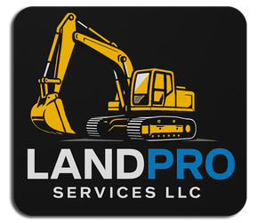 Yellow excavator on black background with "LANDPRO SERVICES LLC" text.