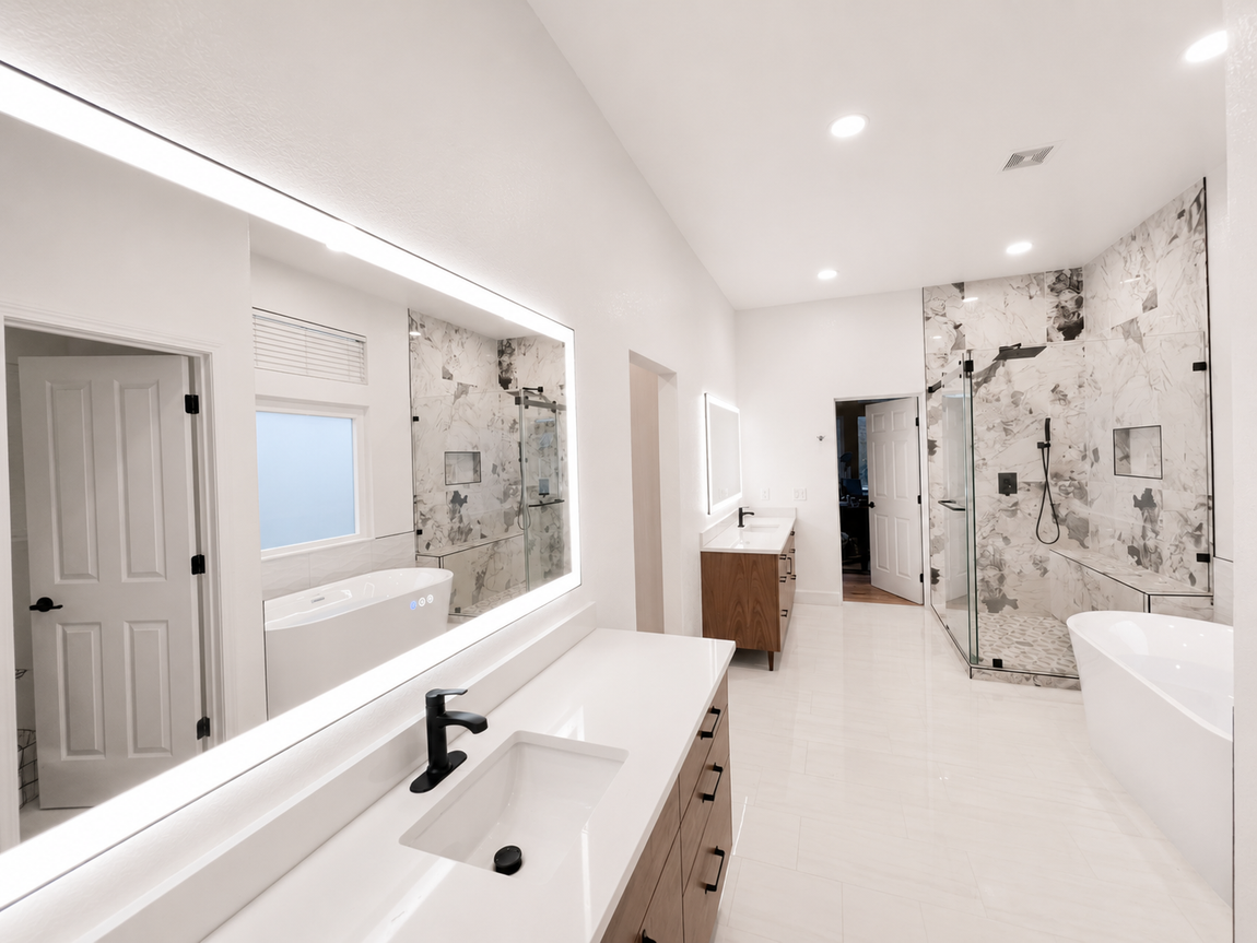 A bathroom with a large tub and a chandelier hanging from the ceiling