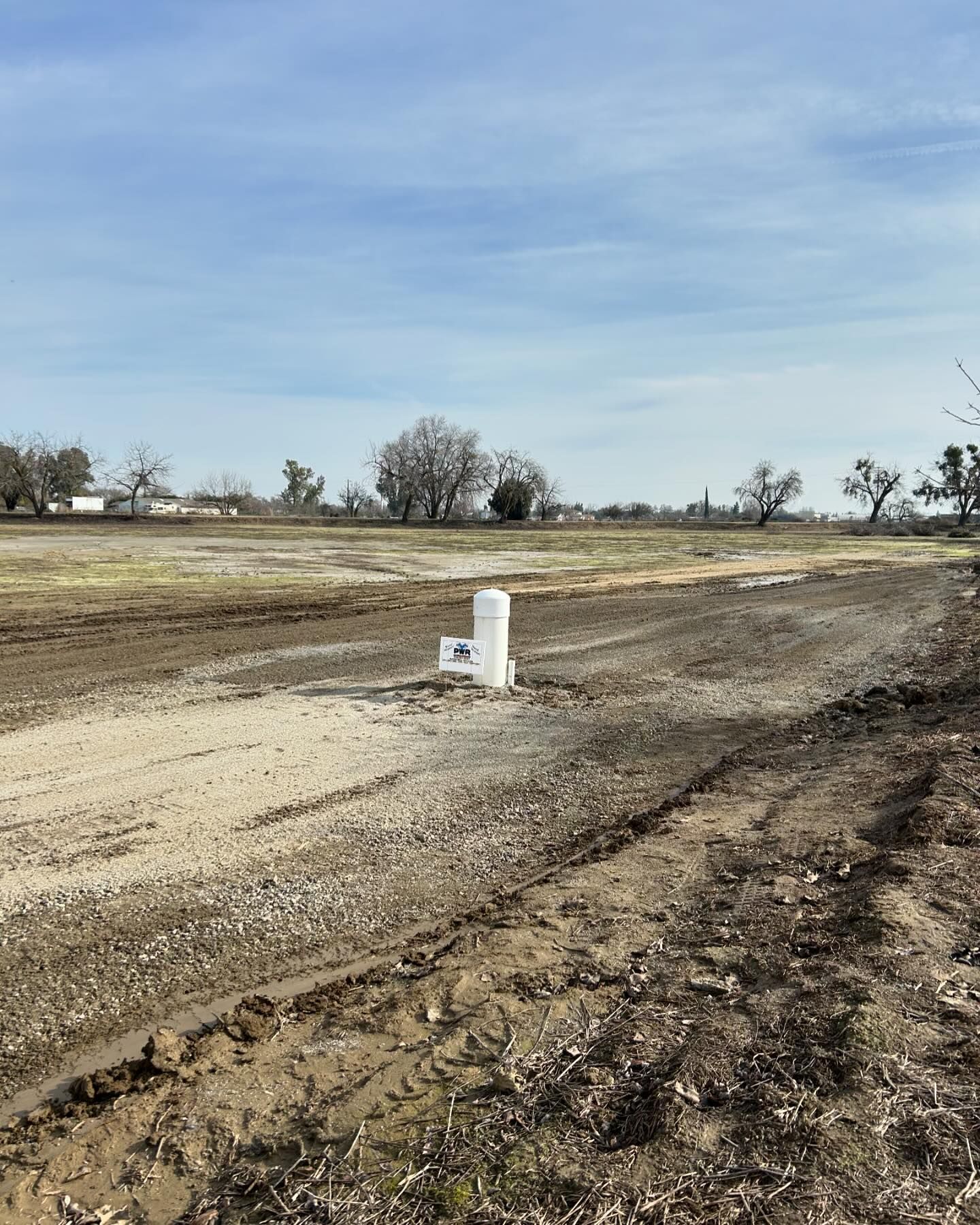 A dirt road going through a field with trees in the background.