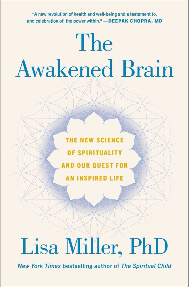Couverture du livre : « The Awakened Brain » de Lisa Miller. Fond blanc, motif central bleu et or, et nom de l’auteure.