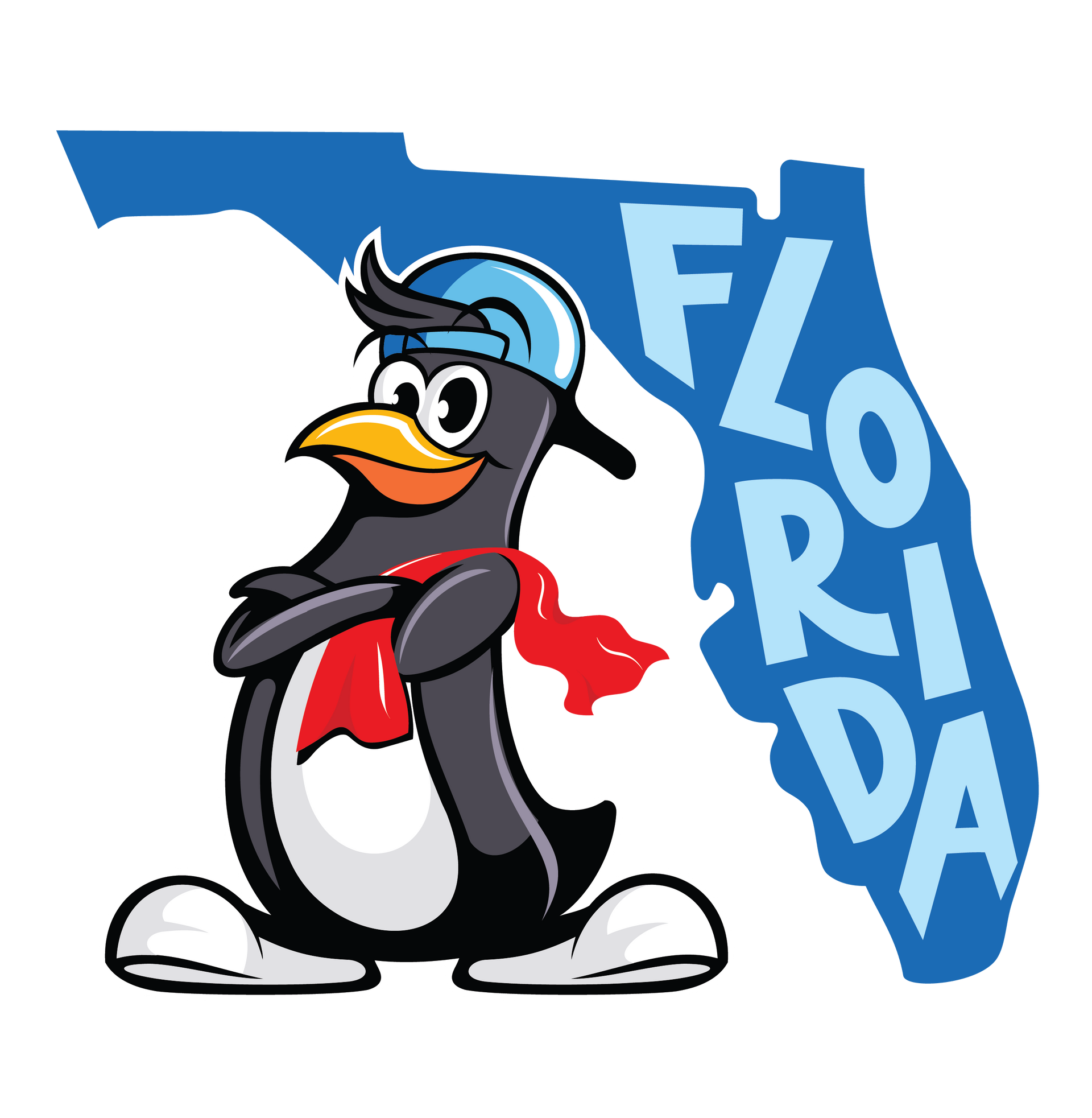 The state of Florida with Blue Penguin's mascot behind it.