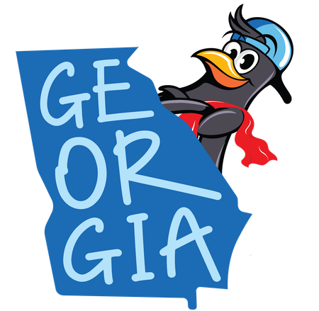The state of Georgia with Blue Penguin's mascot behind it.