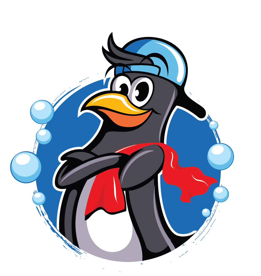 Blue penguin car wash mascot, a penguin in a baseball cap holding a towel.