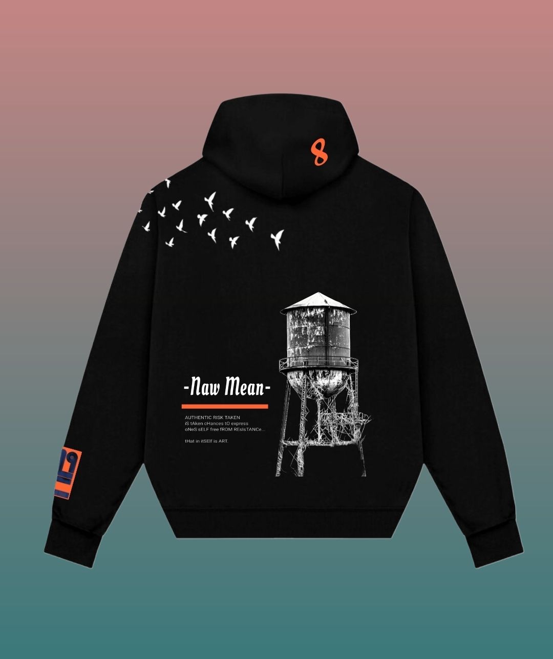 Black hoodie with water tower graphic, text, and bird flock. Orange logo on hood and sleeve.