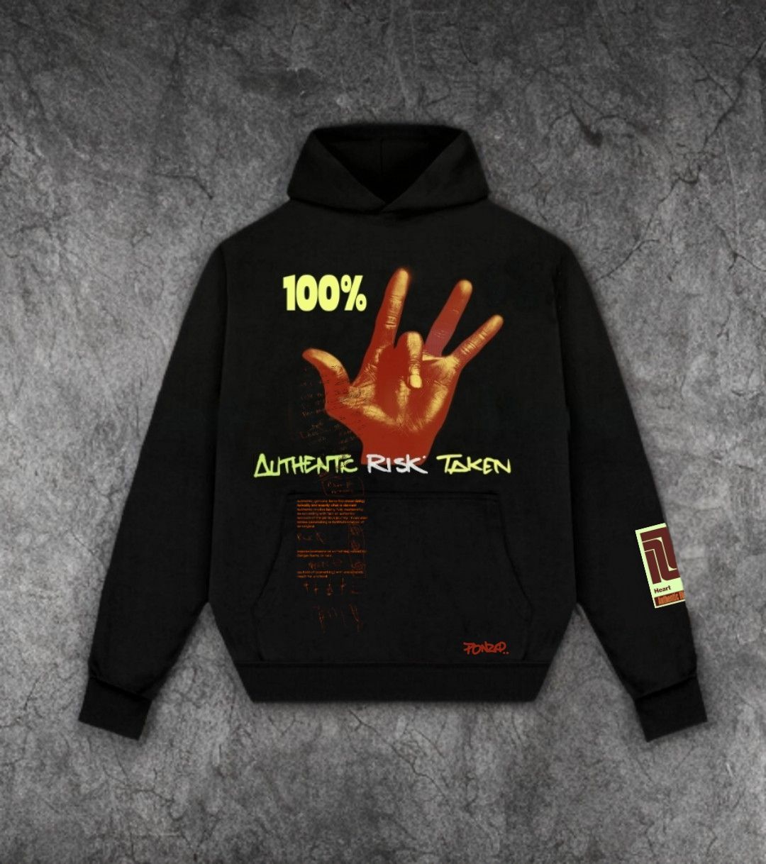 Black hoodie with a hand graphic, 