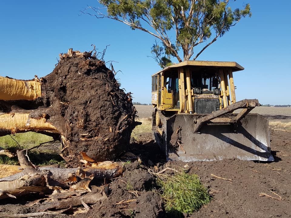 Yellow Bulldozer Clearing a Dirt Pile Beside a Road Under a Clear Blue Sky — Oakleigh Earthmoving in Warwick, QLD