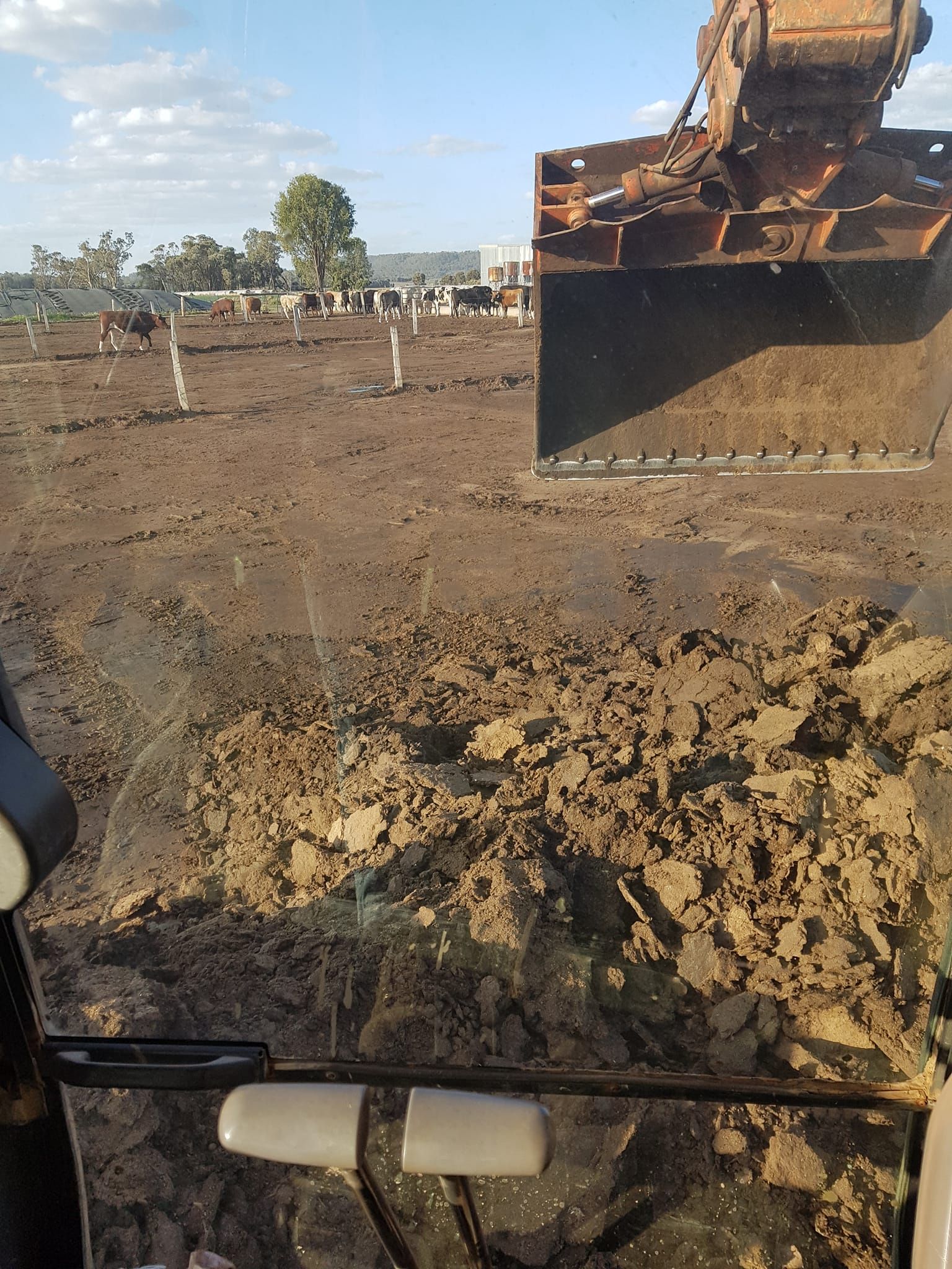 Construction Excavator Bucket Scraping Muddy Soil in a Dirt Field Under a Blue Sky — Oakleigh Earthmoving in Kingaroy, QLD