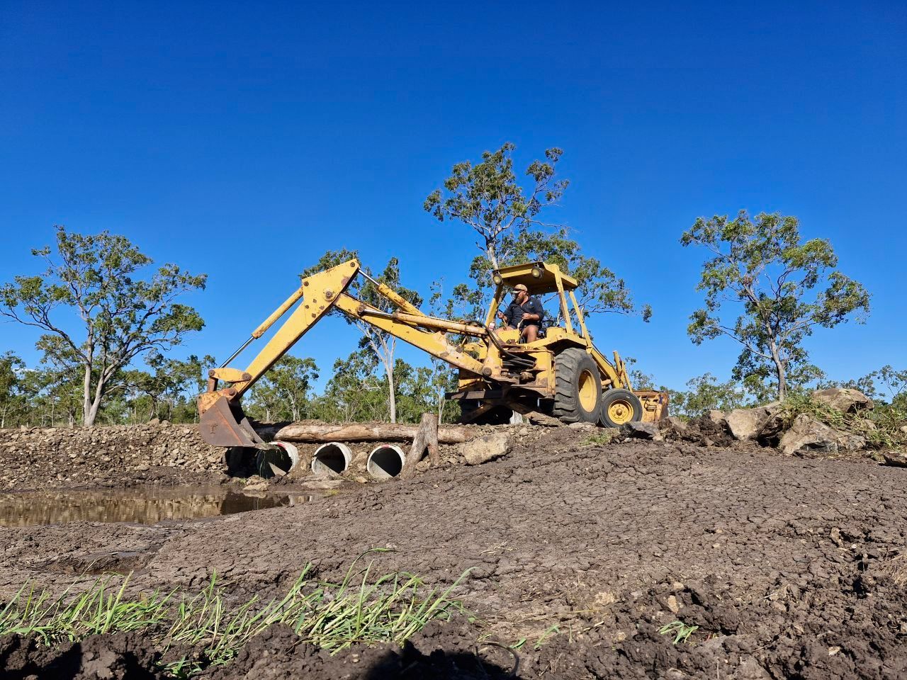 Yellow Excavator Digging Dirt in a Field Under a Clear Blue Sky — Oakleigh Earthmoving in Cooyar, QLD