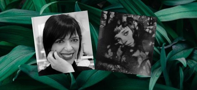 ritratto foto bianconero autrice libro nicoletta verna e dettaglio copertina libro in bianconero 