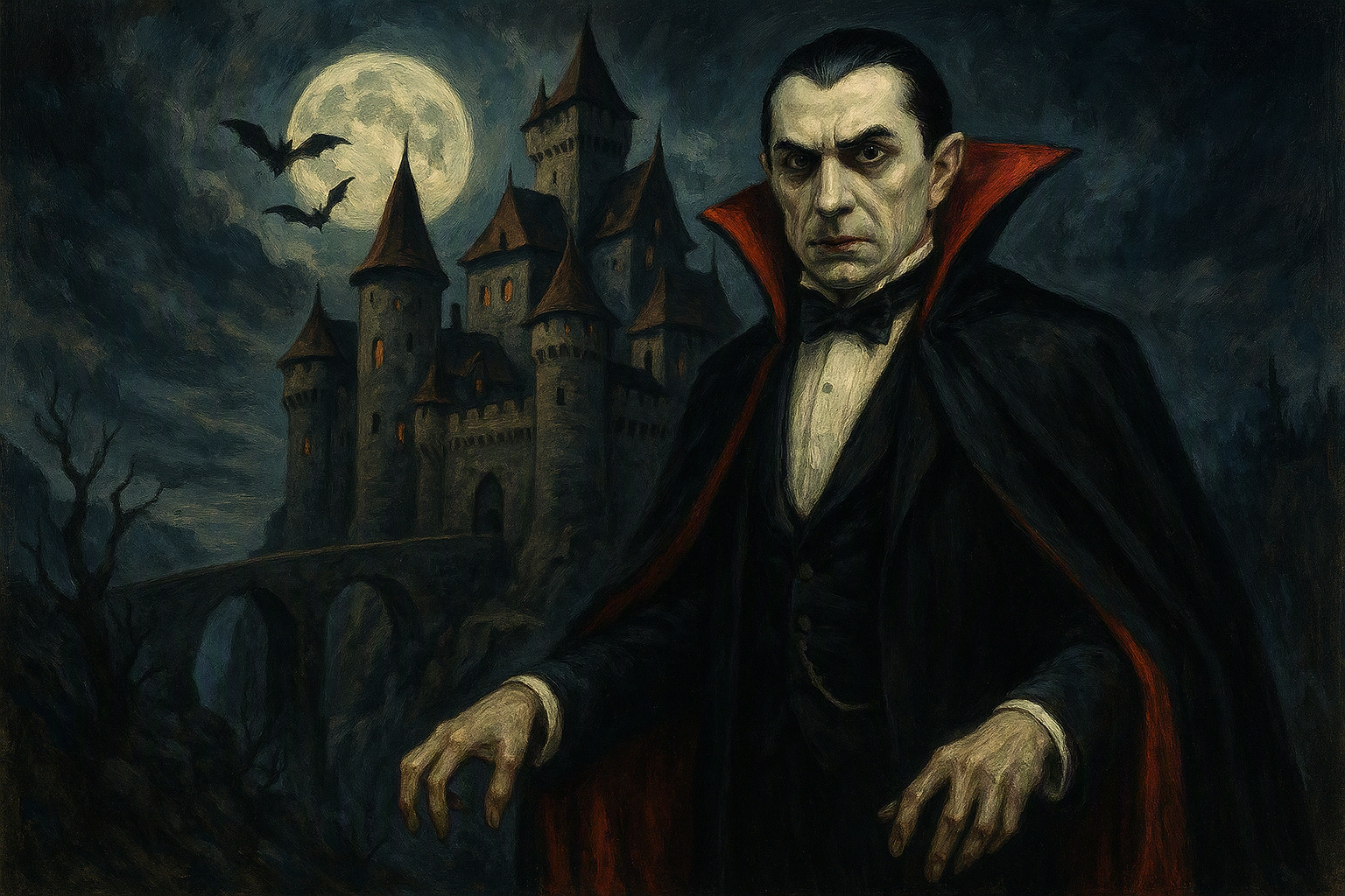 dracula e sullo sfondo il suo castello
