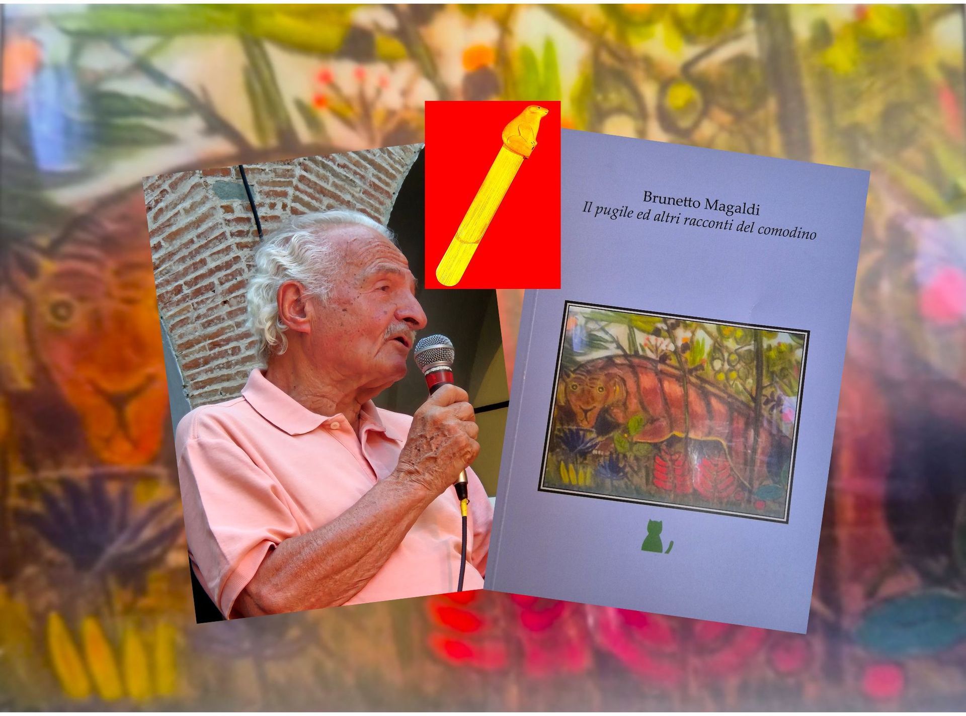 foto autore brunetto magaldi e copertina libro con sfondo quadro a colori con tigre