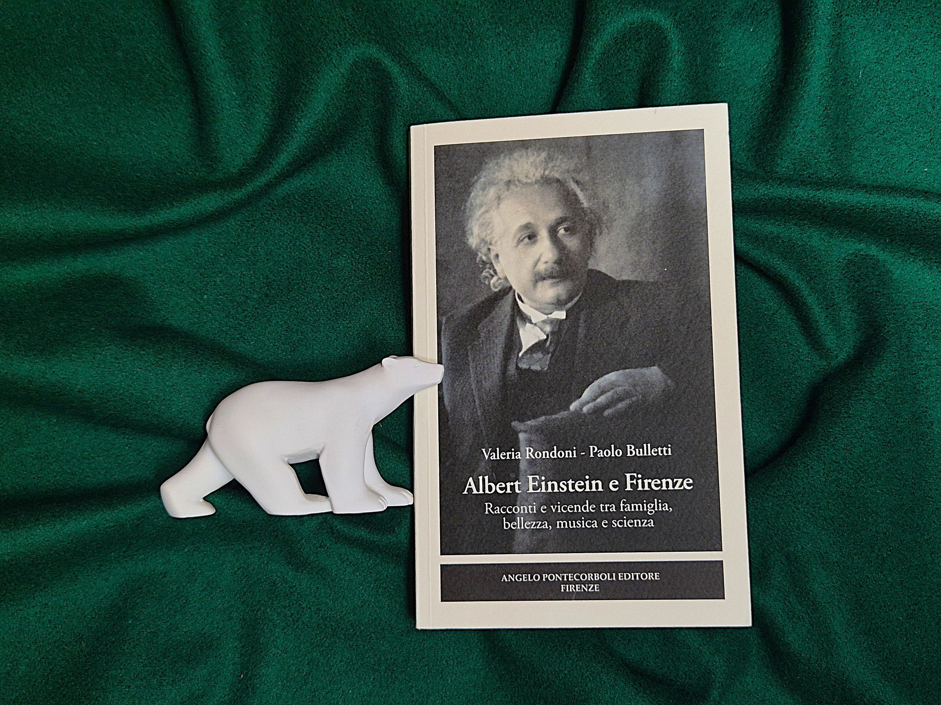 copertina libro su tappeto verde con orso bianco