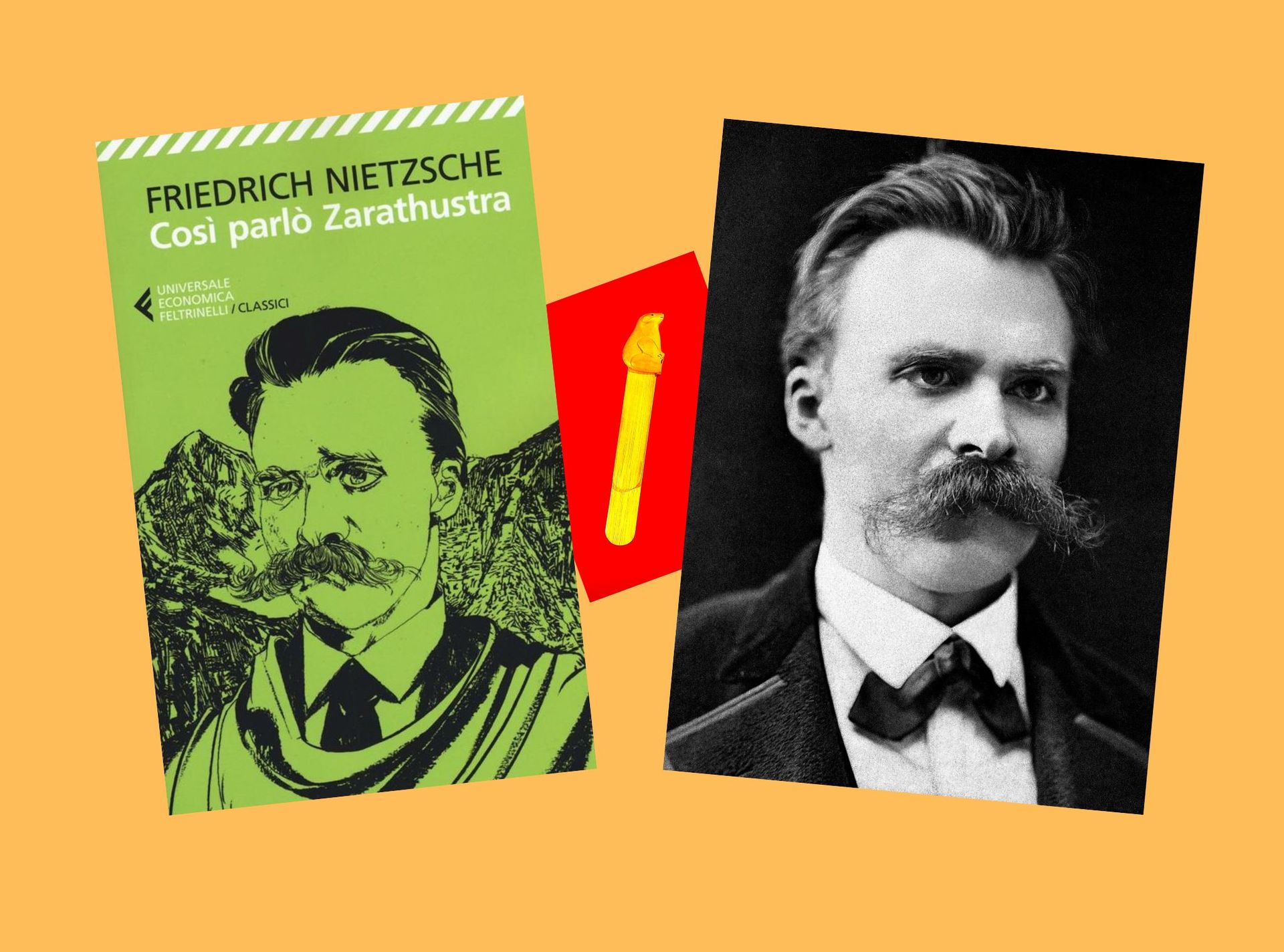 ritratto friedrich Nietzsche e copertin del libro edizione economica feltrinelli