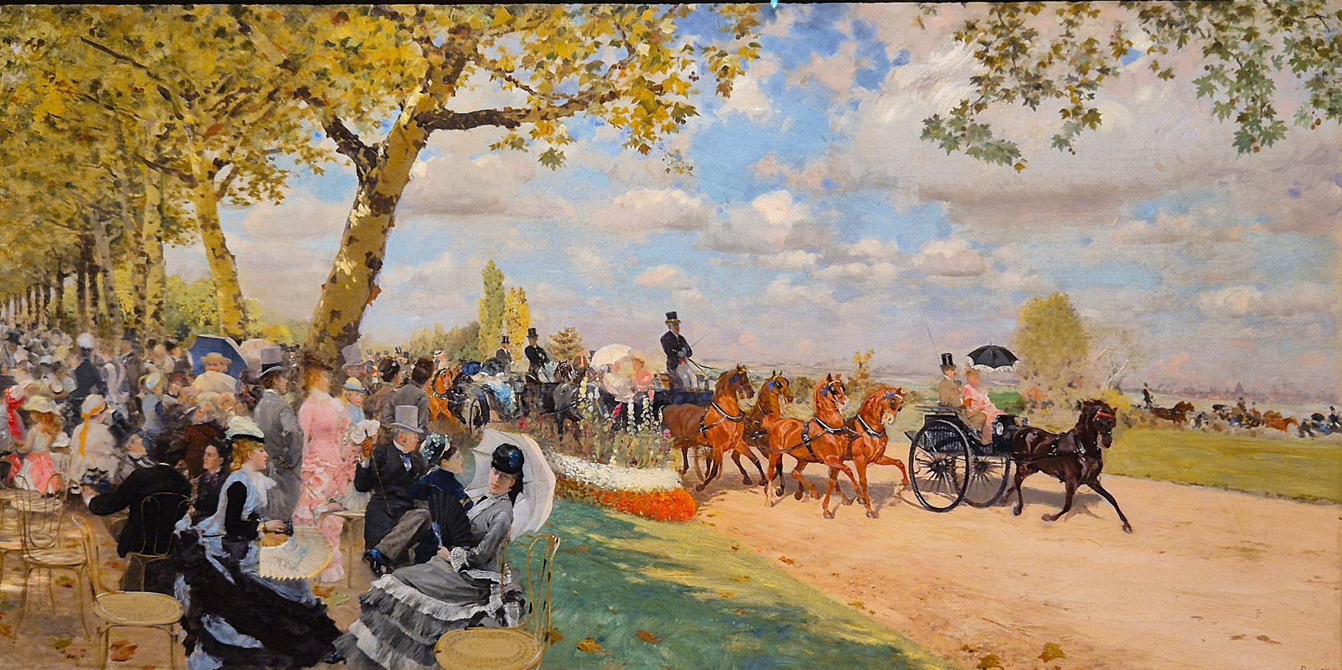 tela olio parco Parigi carrozza cavalli uomini e donne ottocento