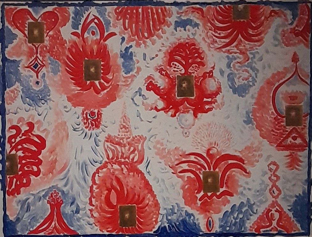 tessuto colore rosso trama fiori blu pittura