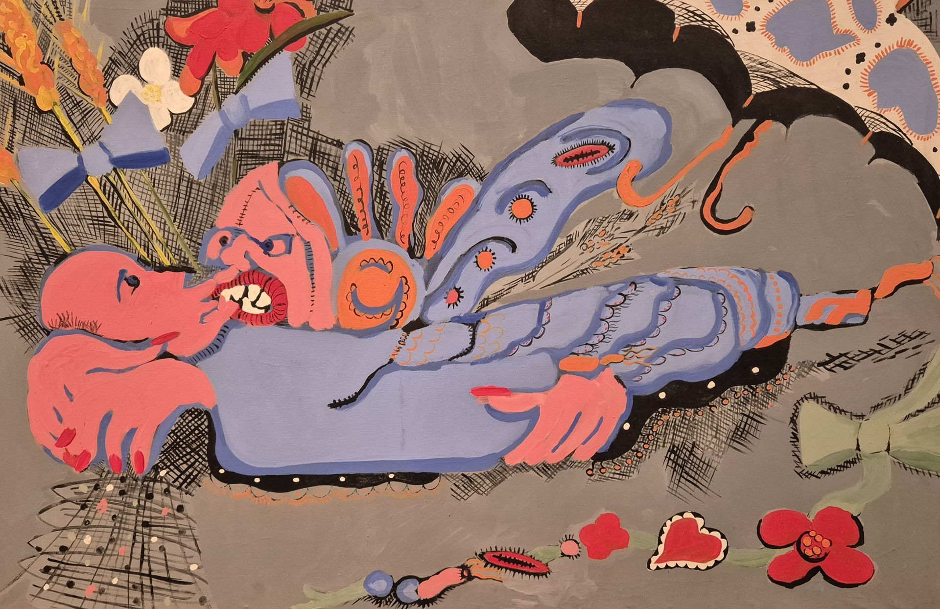 quadro acrilico colore corpi mani fiori abbracci teste amore