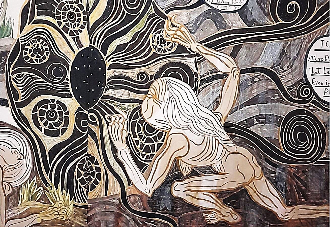 disegno a colori di una donna primitiva con lunghi capelli grigi