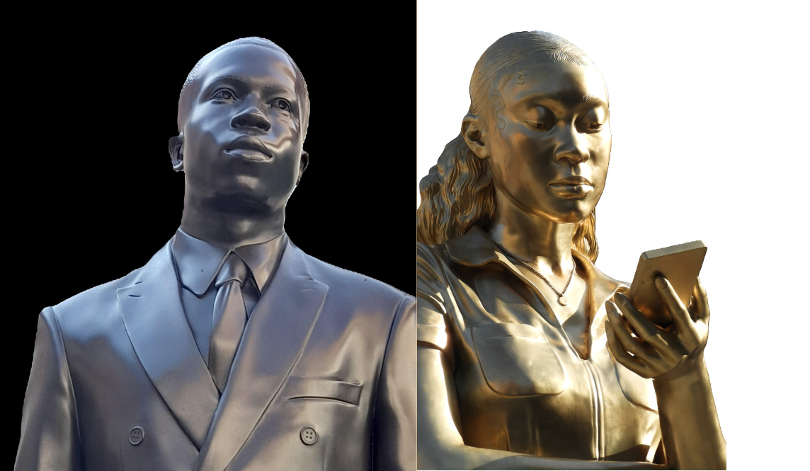 statua in bronzo uomo di colore con giacca e donna di colore in bronzo dorato con cellulare