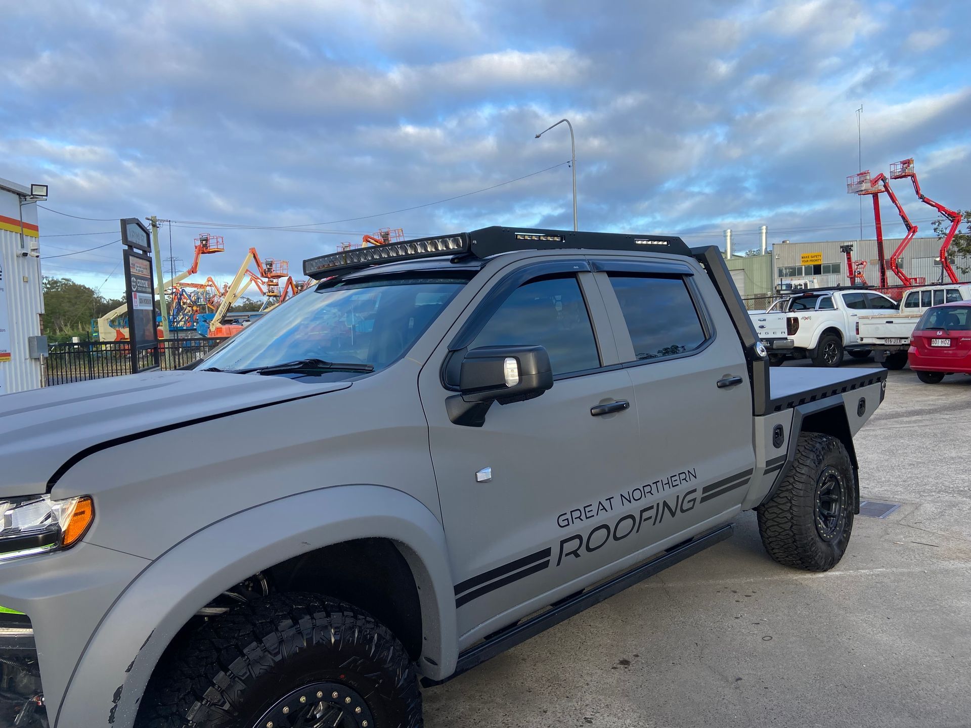 Grey Pickup Truck With a Flatbed and Led Light Bar — Custom RV Creations in Sumner, QLD