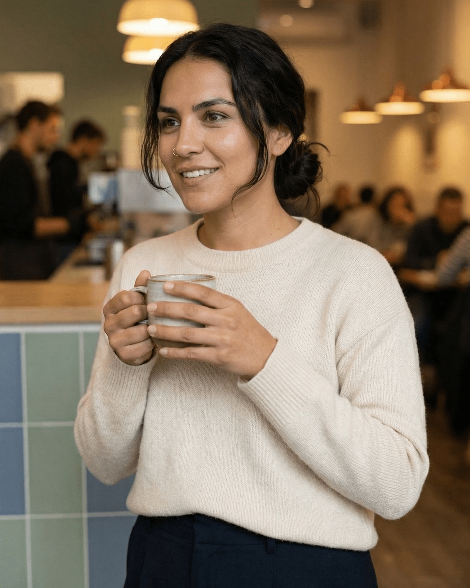Person with dreadlocks seated on a couch, talking to another person out of frame.