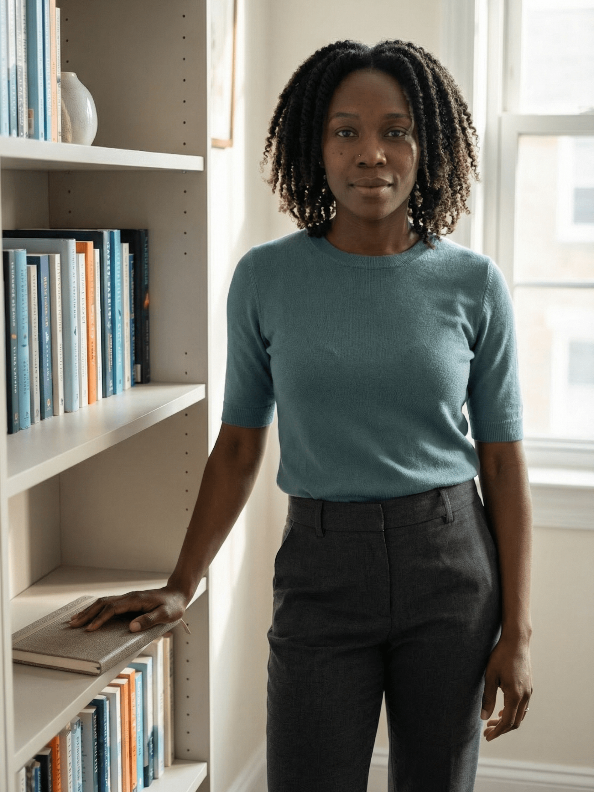 Man with dreadlocks sits on a couch, facing another person. He has a concerned expression. Interior setting with a plant.