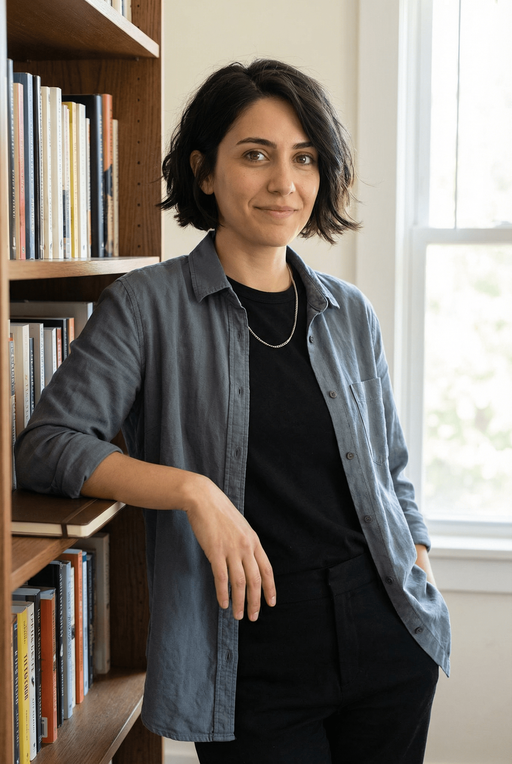 Woman in gray cardigan looks out a window; plants on the sill, books in background.