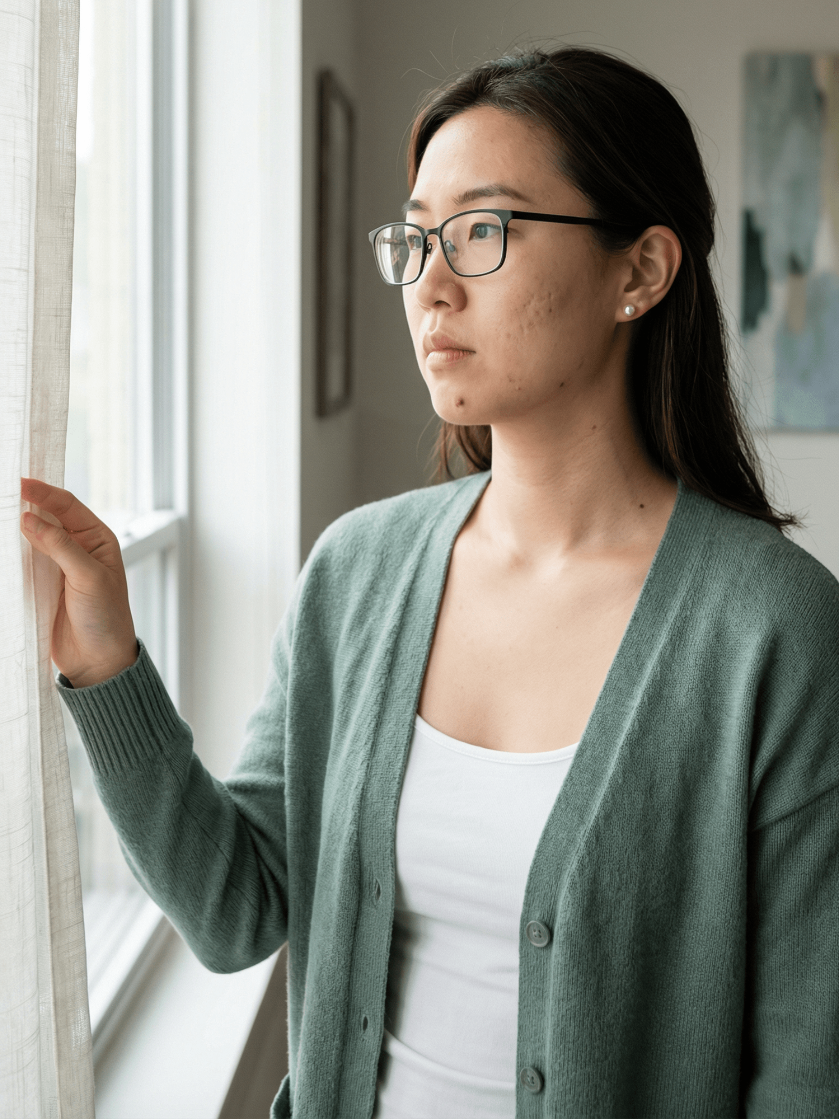 Man with dreadlocks sits on a couch, facing another person. He has a concerned expression. Interior setting with a plant.