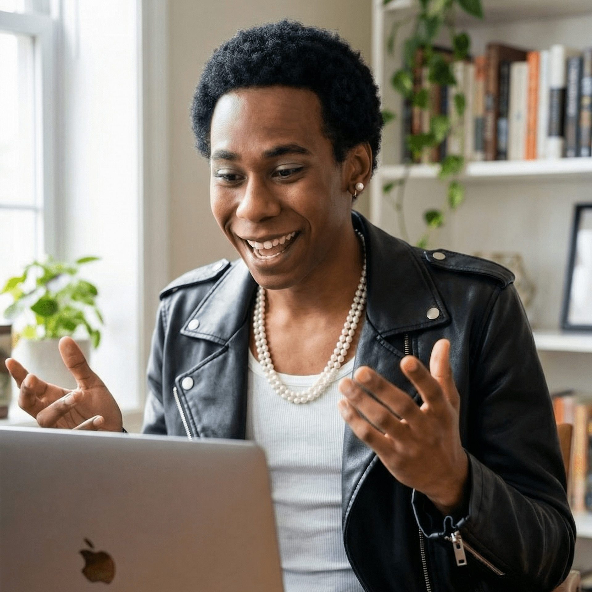 Man with dreadlocks sits on a couch, facing another person. He has a concerned expression. Interior setting with a plant.