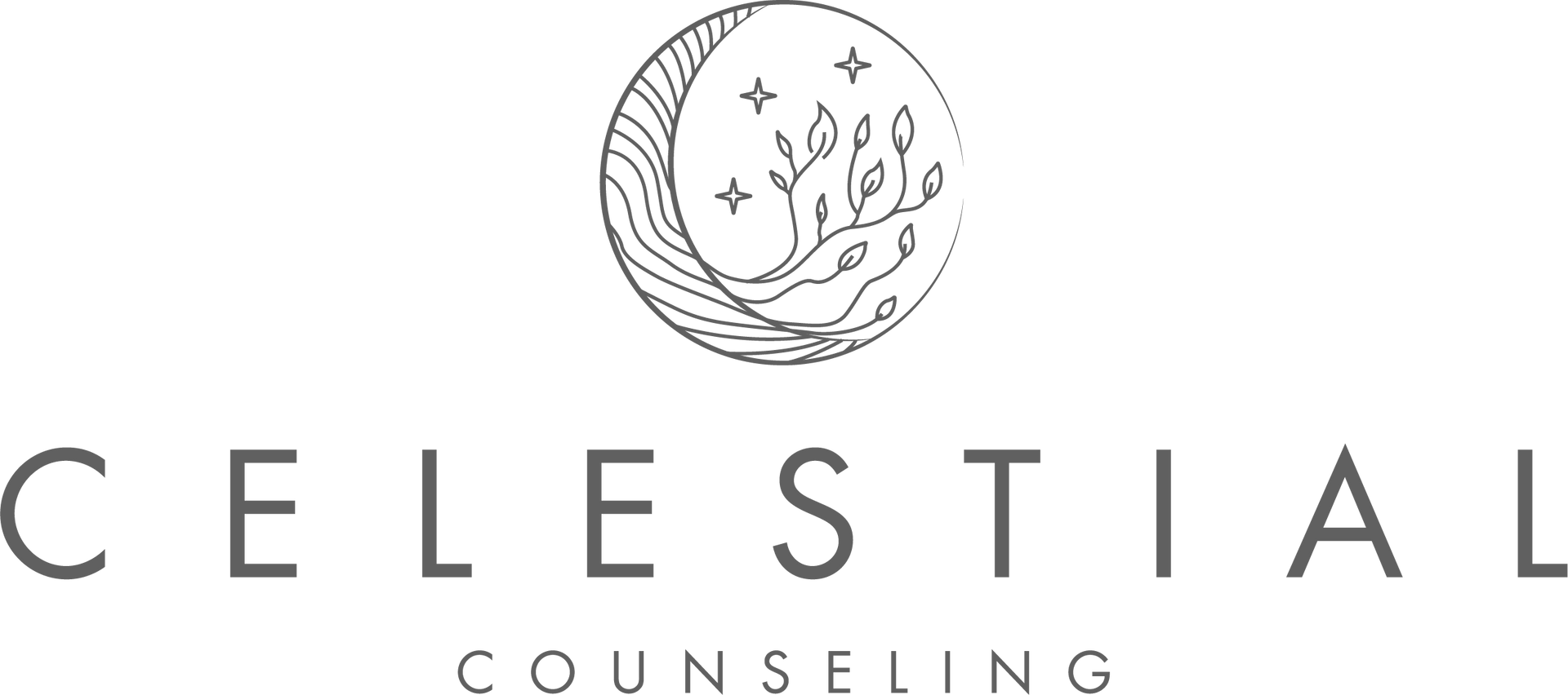 Logo for Celestial Counseling: crescent moon with stars and plant, text below reads 