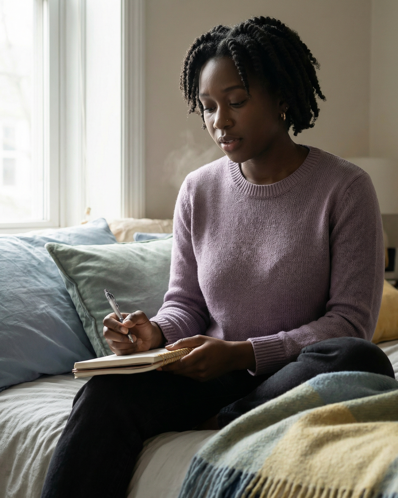 Man with dreadlocks sits on a couch, facing another person. He has a concerned expression. Interior setting with a plant.