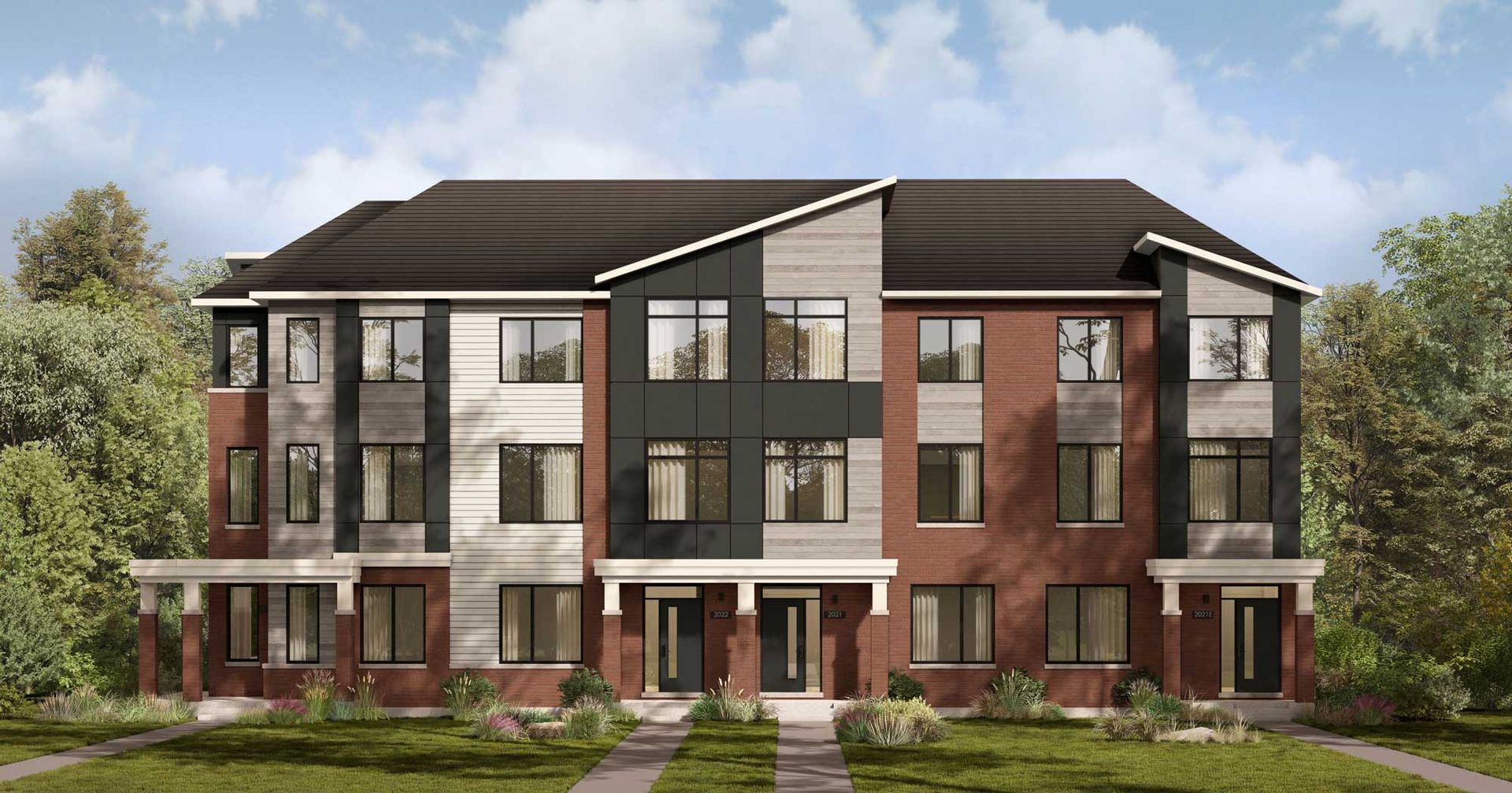 An artist 's impression of a brick apartment building with a black roof.