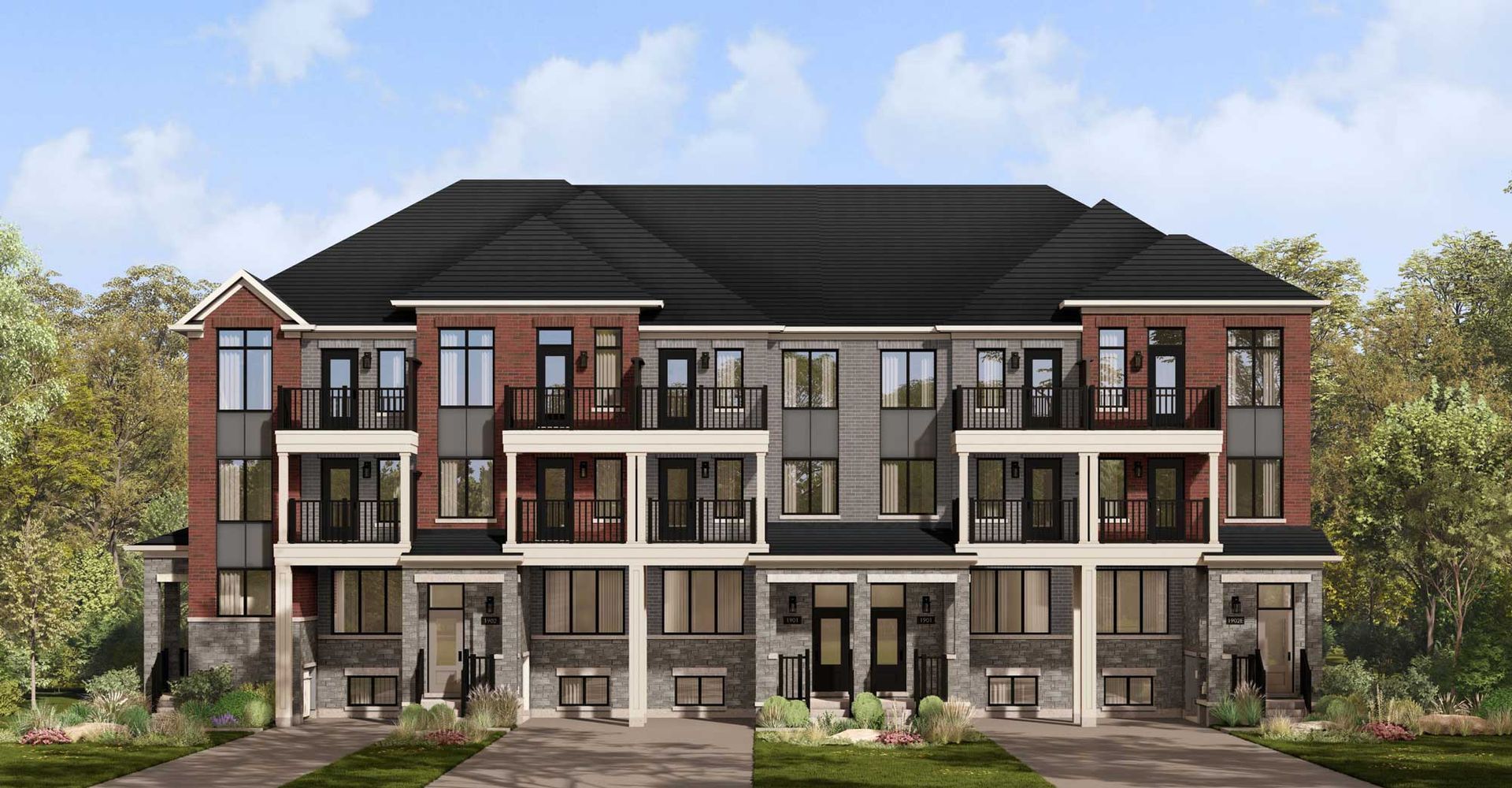 An artist 's impression of a row of apartment buildings.