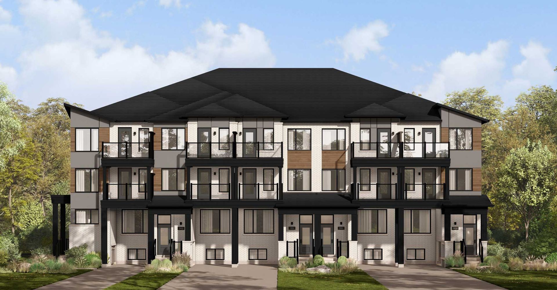 An artist 's impression of a large apartment building with a black roof.
