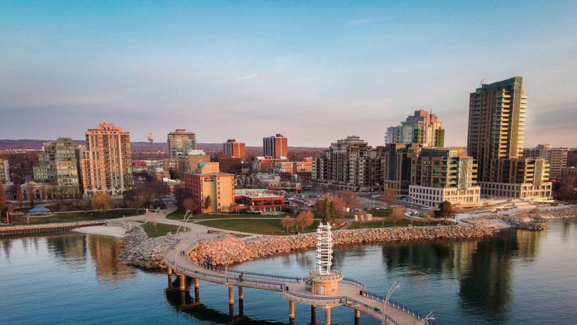 An aerial view of Burlington surrounded by water and buildings