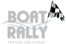 A logo for a boat rally for kids and cancer with a checkered flag.