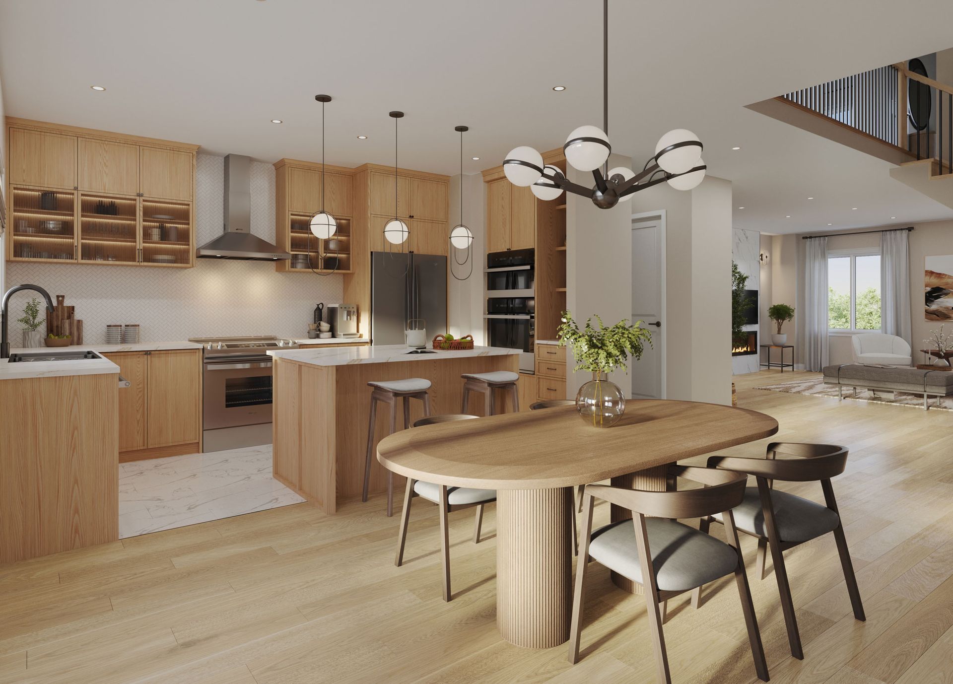 An artist 's impression of a kitchen and dining room in a house.