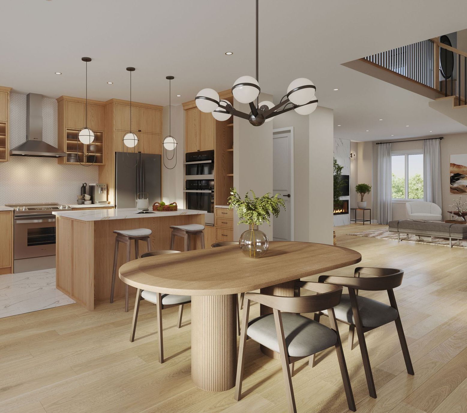 A kitchen with a table and chairs in it