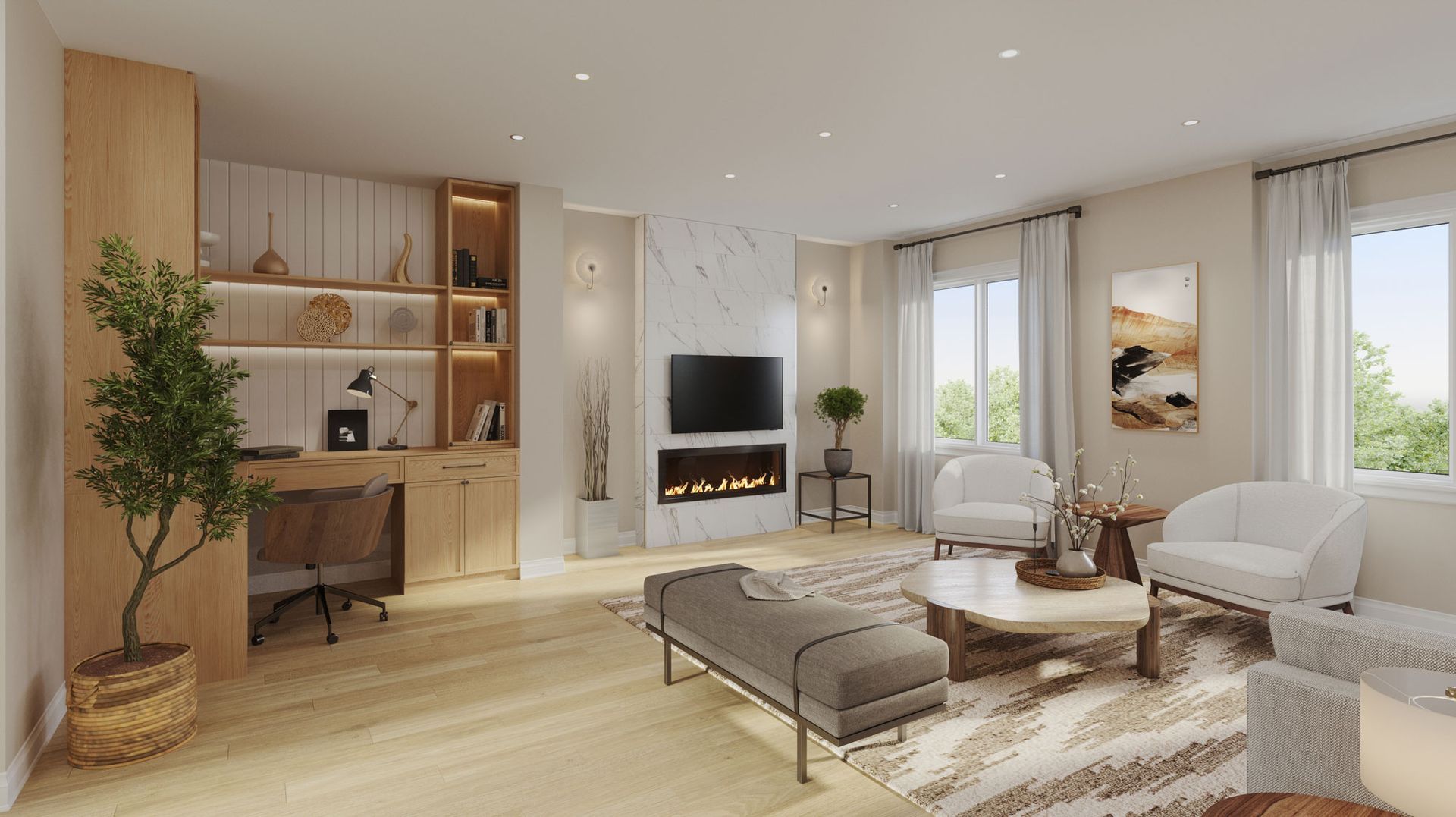 An artist 's impression of a living room with a fireplace and a desk.