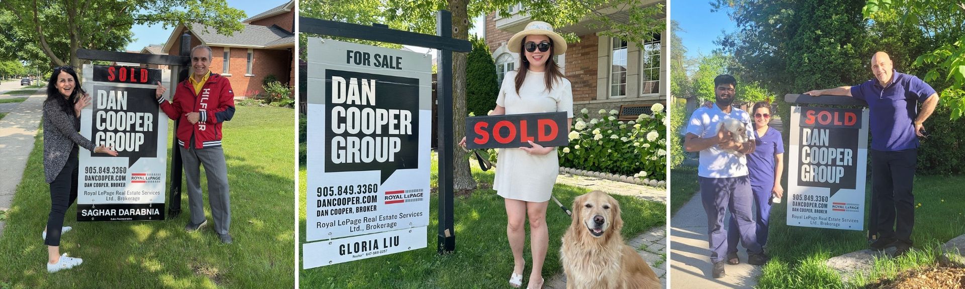 A group of three photos showcasing our sold signs with clients and agents.