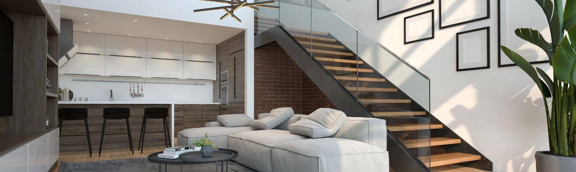 Photo of a bright open concept modern interior showcasing neutral walls and flooring.