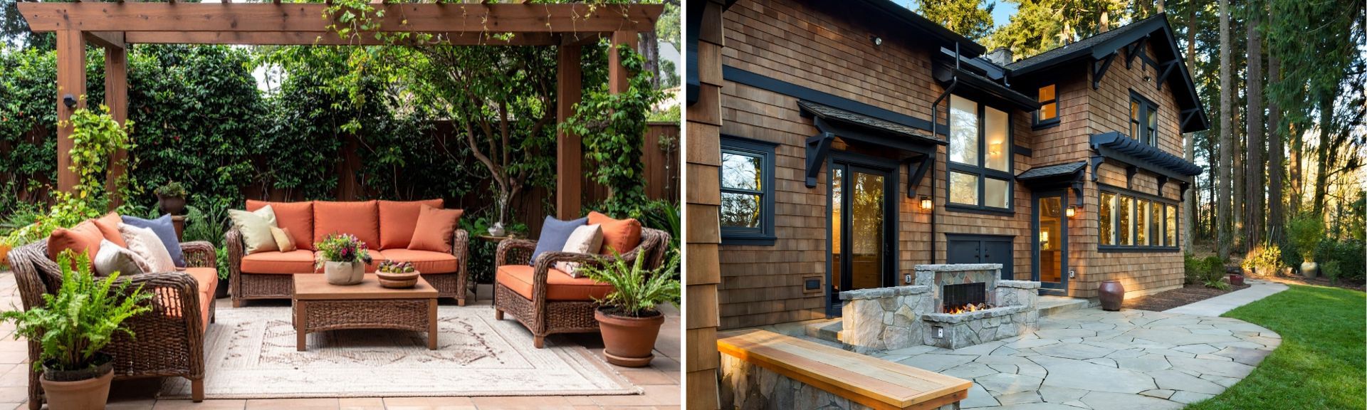 Two photos of backyards showcasing a gazebo with outdoor furniture and a stone fireplace along with landscaping.