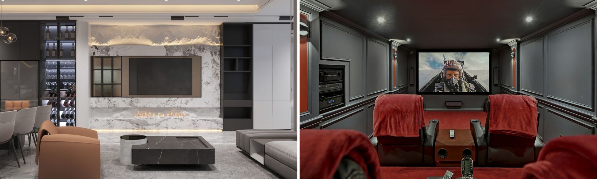 Two photos showcasing a luxury basement.