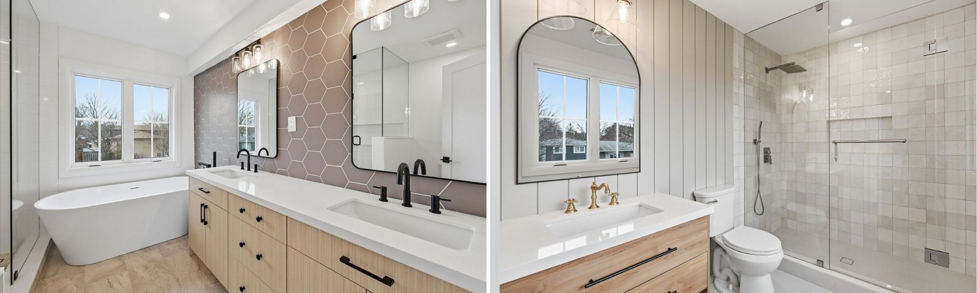 Two photos of modern updated bathrooms.