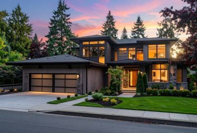 Exterior twilight photo of a luxury home.