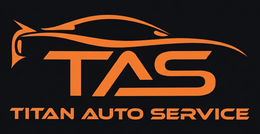 Orange TAS Titan Auto Service logo with a stylized car silhouette on a black background